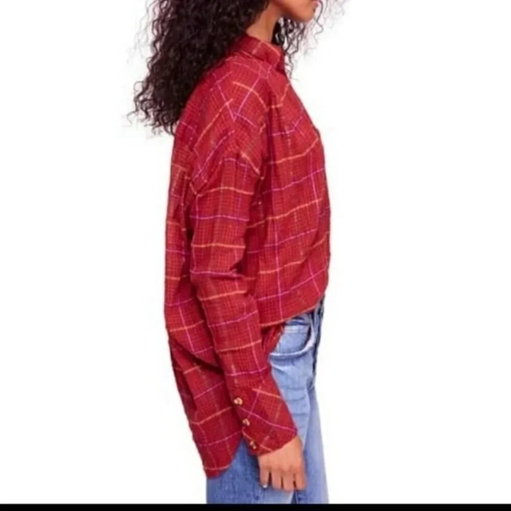 Free People Break My Stripe Red Oversized Plaid Button Down Top